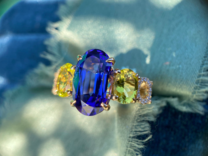 Vivid Violet Blue Tanzanite, Tourmaline And Diamond Ring in 18k Yellow Gold 6.33tcw