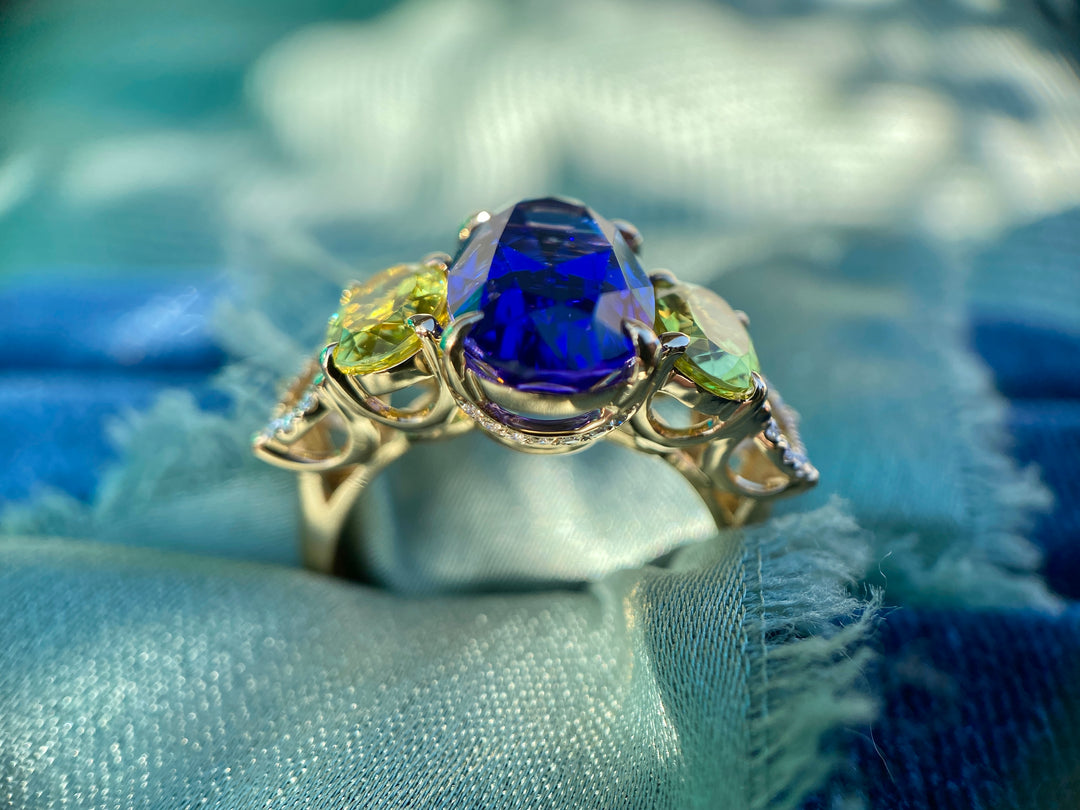 Vivid Violet Blue Tanzanite, Tourmaline And Diamond Ring in 18k Yellow Gold 6.33tcw