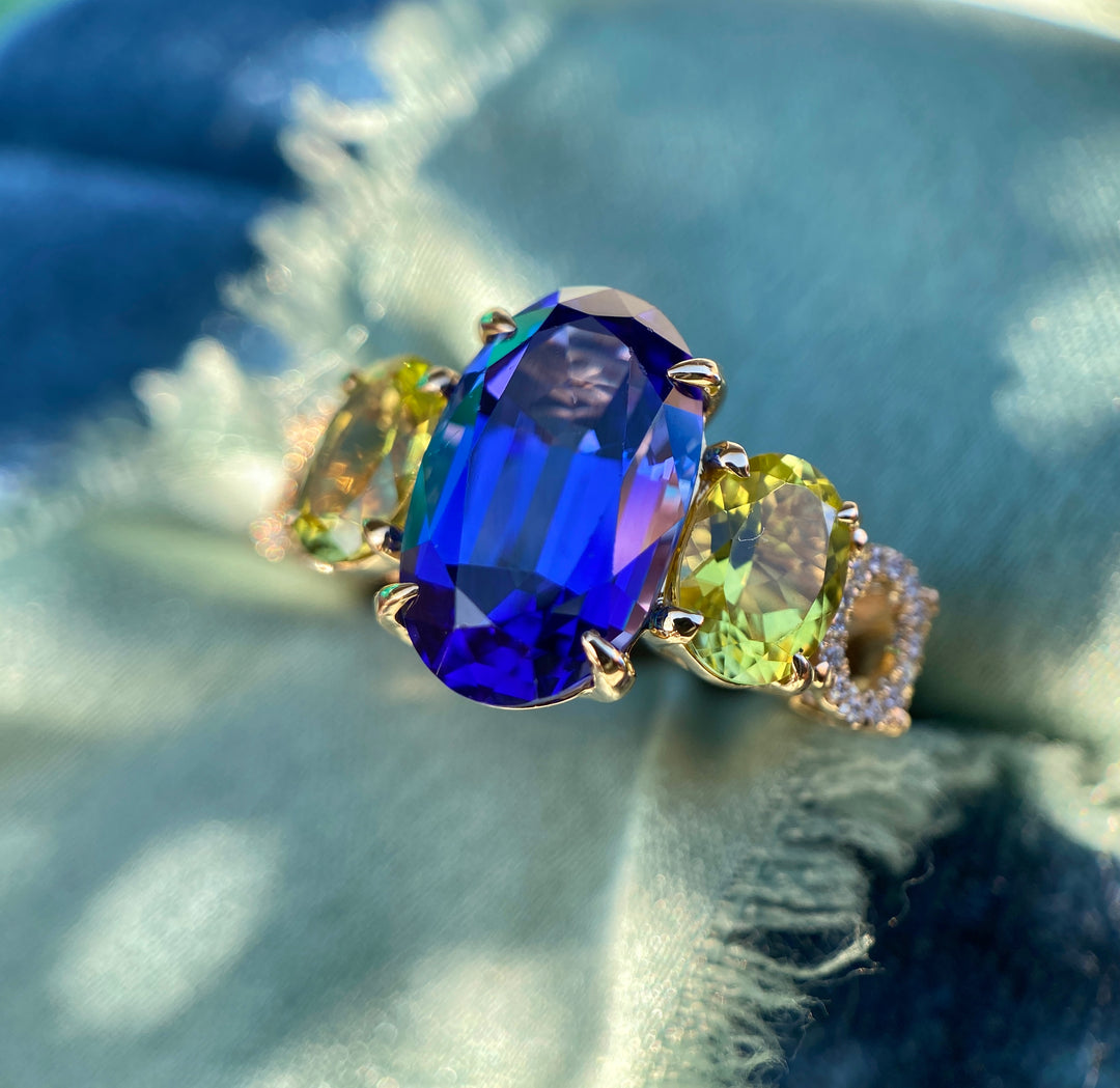 Vivid Violet Blue Tanzanite, Tourmaline And Diamond Ring in 18k Yellow Gold 6.33tcw