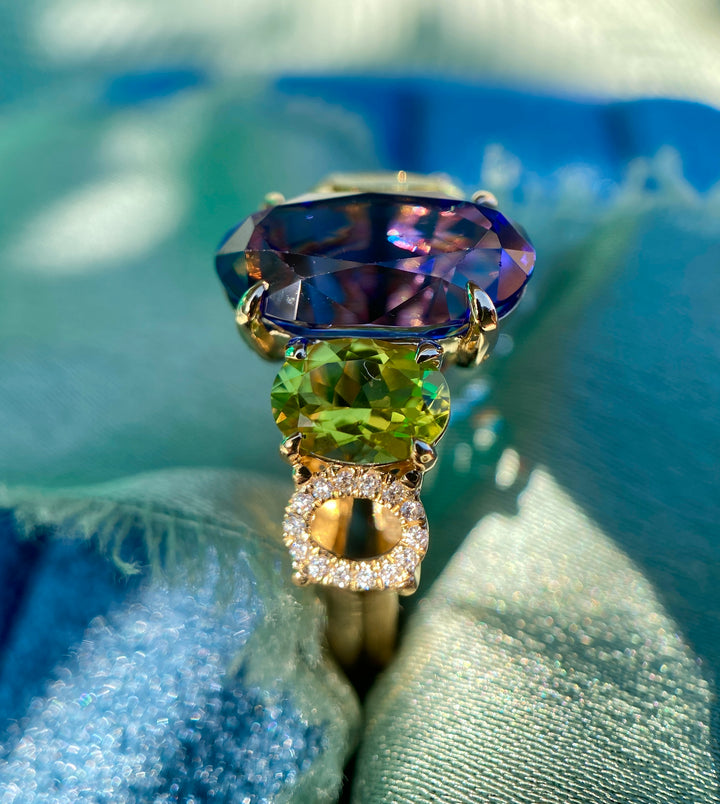 Vivid Violet Blue Tanzanite, Tourmaline And Diamond Ring in 18k Yellow Gold 6.33tcw