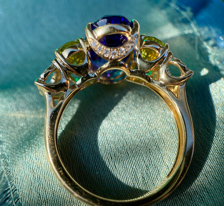 Vivid Violet Blue Tanzanite, Tourmaline And Diamond Ring in 18k Yellow Gold 6.33tcw