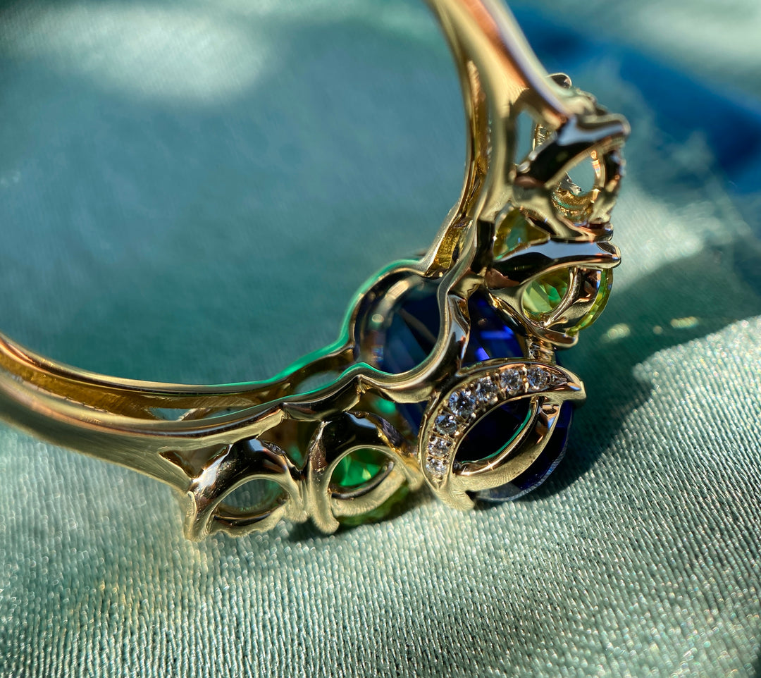 Vivid Violet Blue Tanzanite, Tourmaline And Diamond Ring in 18k Yellow Gold 6.33tcw