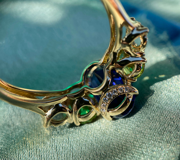 Vivid Violet Blue Tanzanite, Tourmaline And Diamond Ring in 18k Yellow Gold 6.33tcw