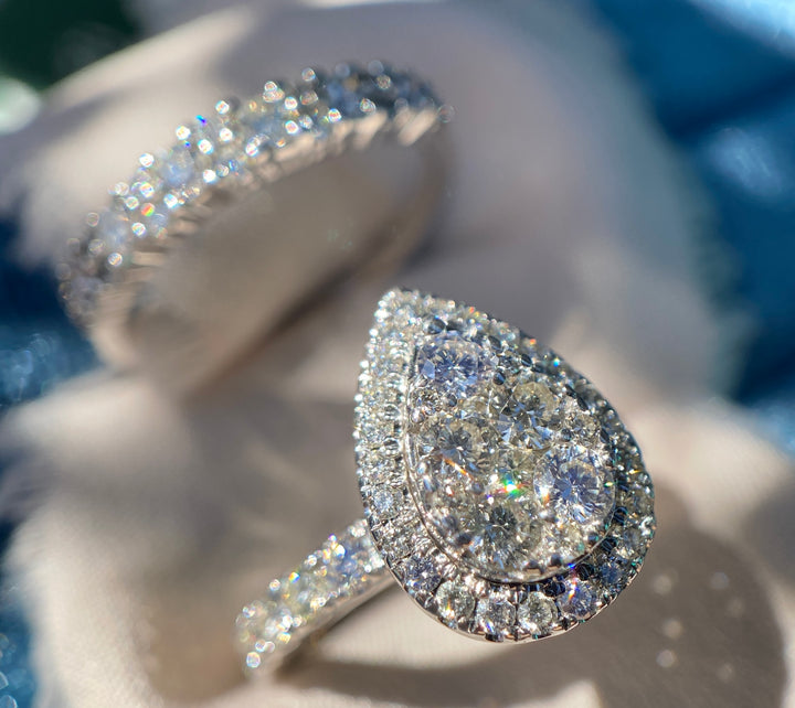 Modern Pear Natural Diamond Wedding Ring Set in 10k White Gold  1.65TCW