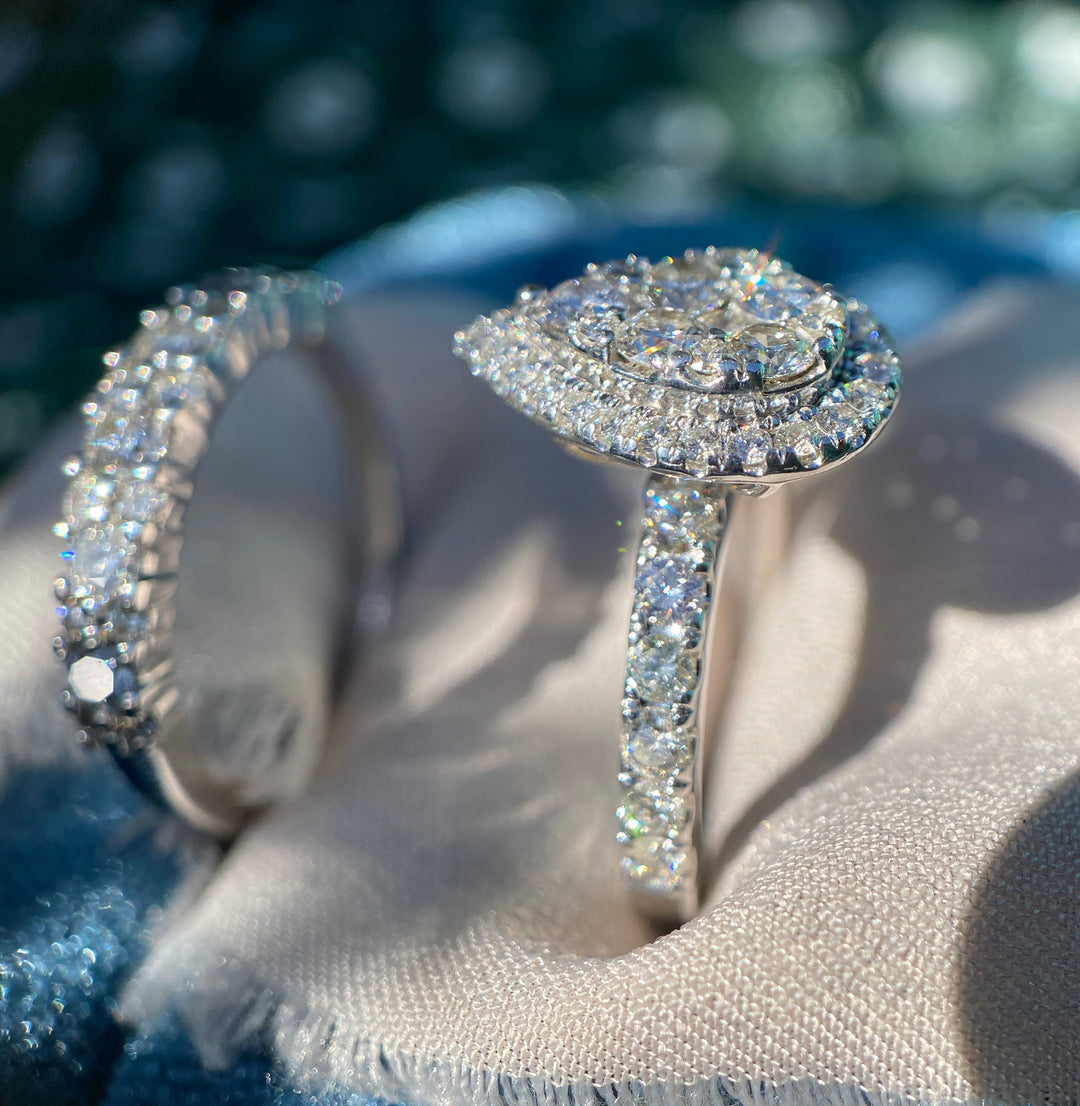 Modern Pear Natural Diamond Wedding Ring Set in 10k White Gold  1.65TCW