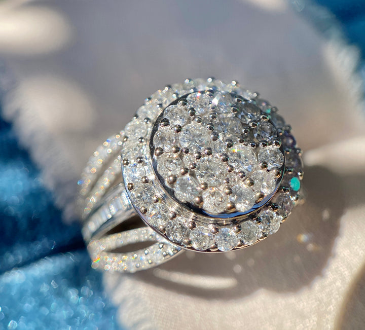 Modern Sunburst Natural Diamond Ring in 10k White Gold 2.8 TCW