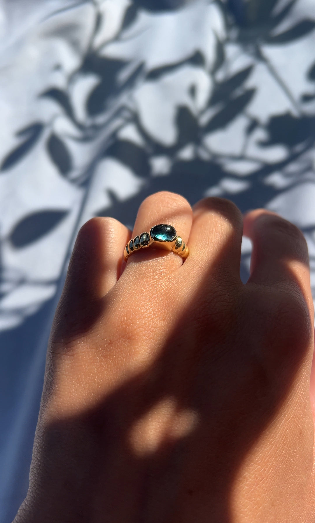 Vintage Blue Sea Tourmaline Bezel Ring in 14k Gold