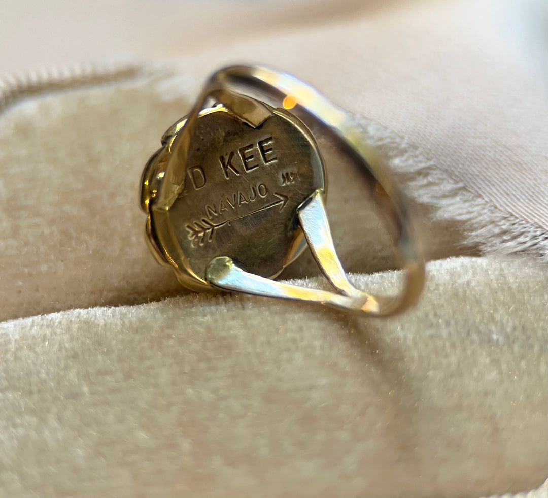 Signed Ed Kee Coral Navajo Ring in 14k Yellow Gold