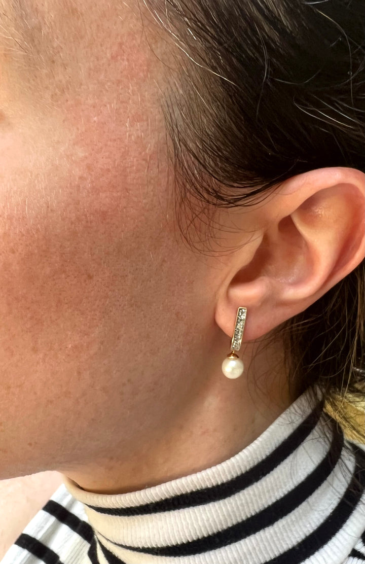 Timeless Diamond Hoops with Pearl Dangle Accent in 14k Yellow Gold