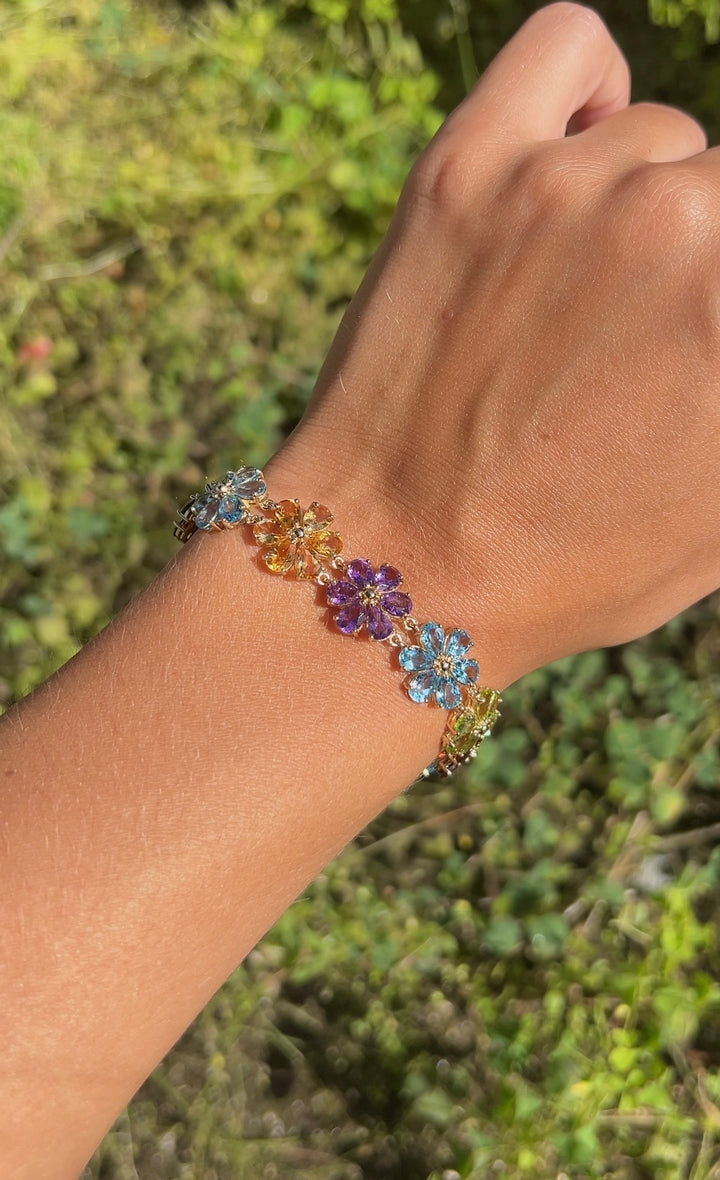 Colorful Daisy Bracelet With Peridot, Topaz, Citrine, Garnet and Amethyst in 10k Yellow Gold