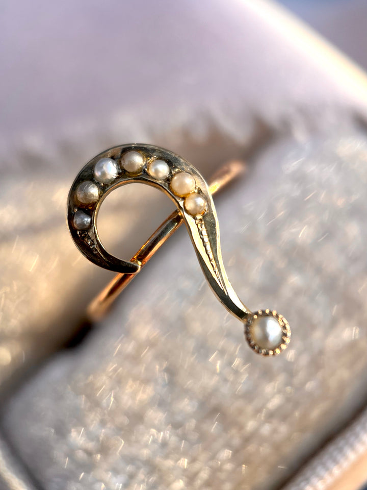 Private Art Nouveau Question Mark Pearl Ring in 14k Yellow Gold