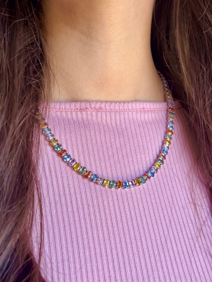 Pastel Perfection Natural Multi-Colored Sapphire Necklace With Orange, Yellow, Green, Pink and Blue Sapphires in 14k White Gold