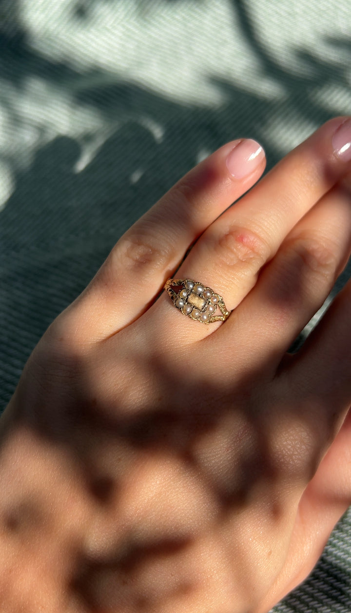 Georgian Split Pearl Mourning Ring in 15k Yellow Gold