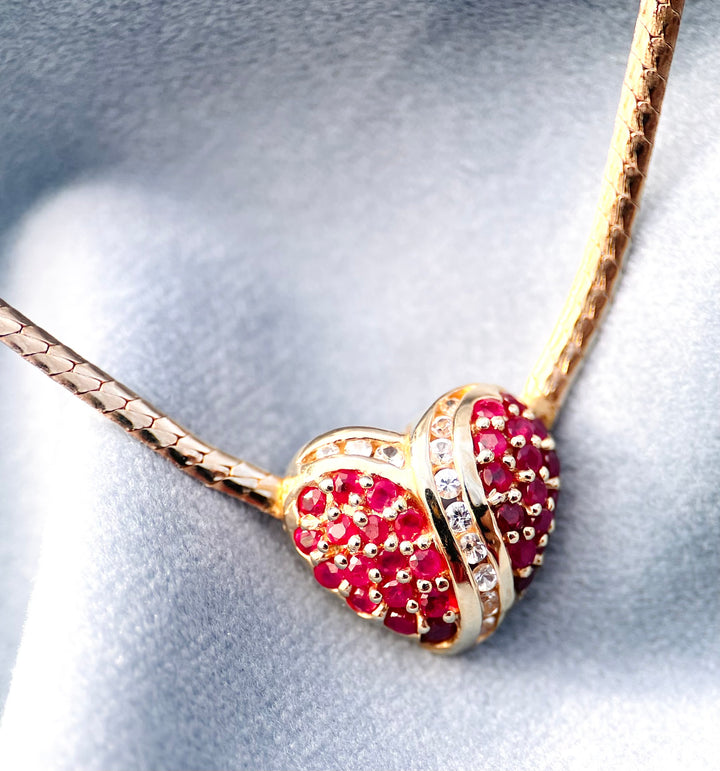 Vintage 1990’s Ruby and White Sapphire  Heart Necklace in 10k Yellow Gold