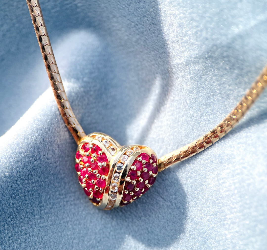Vintage 1990’s Ruby and White Sapphire  Heart Necklace in 10k Yellow Gold
