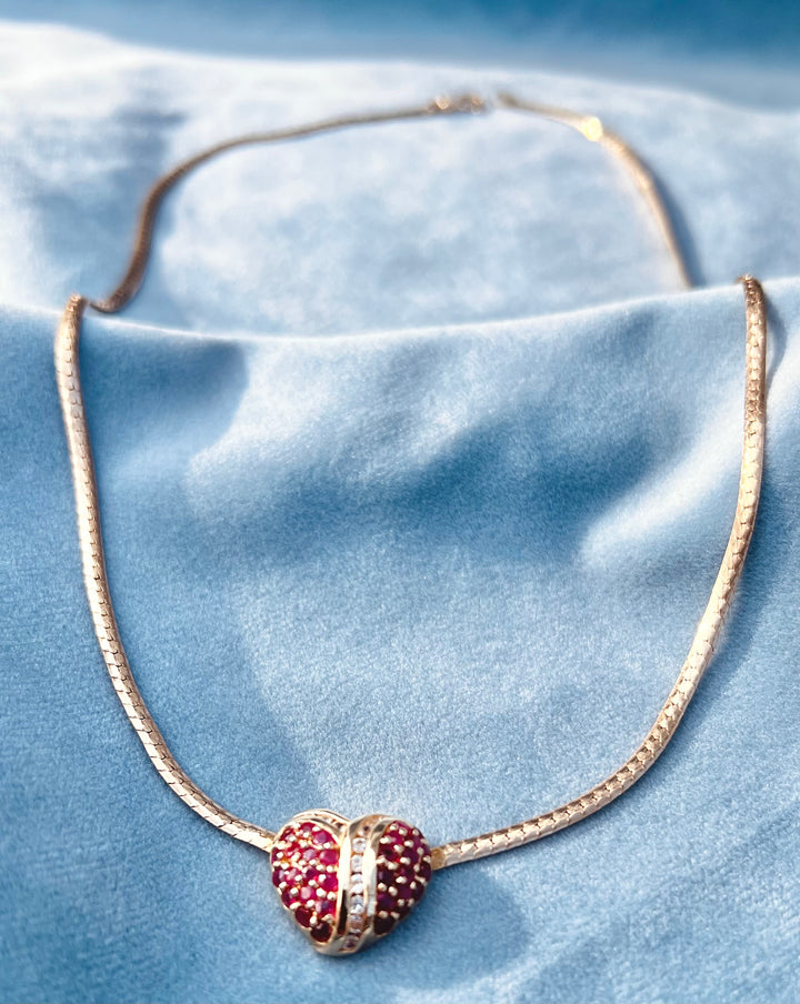 Vintage 1990’s Ruby and White Sapphire  Heart Necklace in 10k Yellow Gold