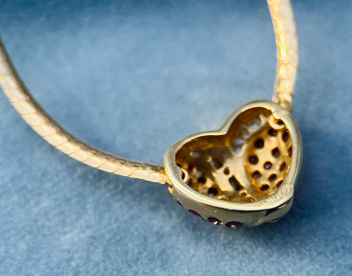 Vintage 1990’s Ruby and White Sapphire  Heart Necklace in 10k Yellow Gold