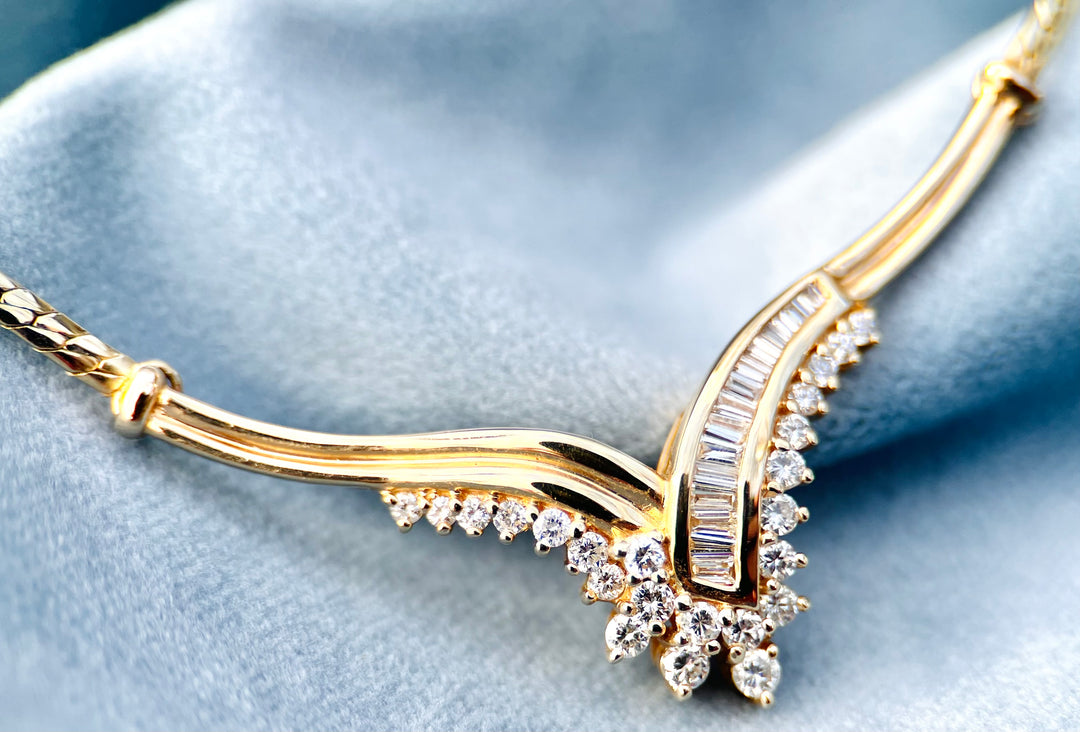 “The Golden Cascade” Vintage 1980’s Diamond Necklace in 14k Yellow Gold