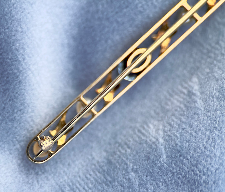 Vintage Aquamarine and Pearl Pin in 14k Yellow Gold