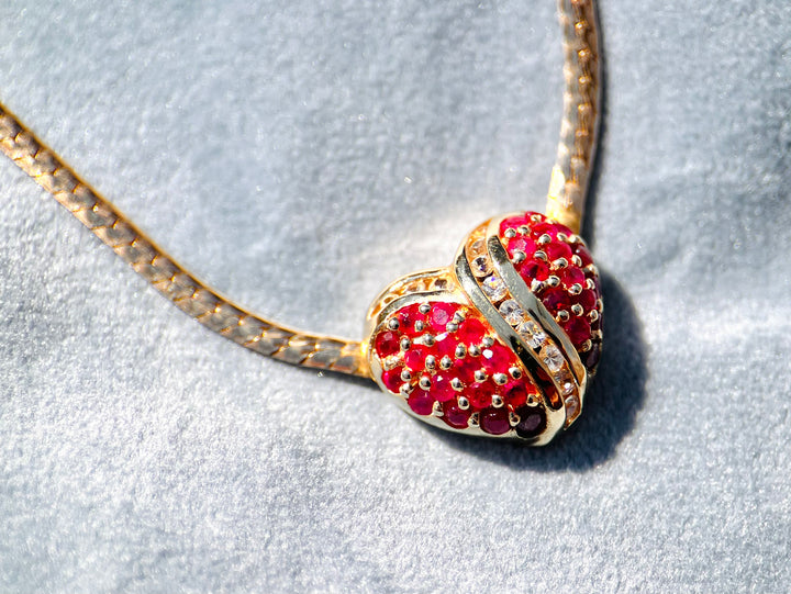 Vintage 1990’s Ruby and White Sapphire  Heart Necklace in 10k Yellow Gold
