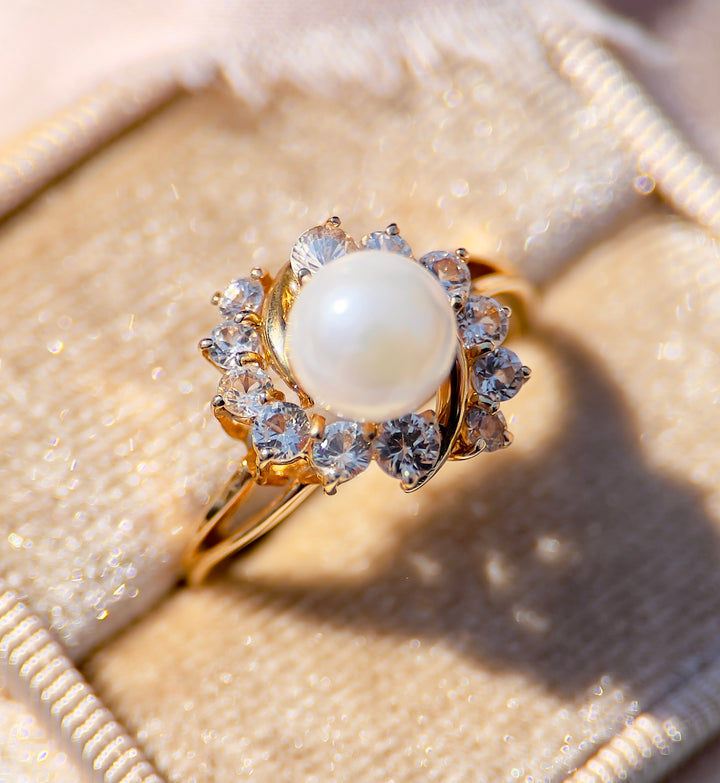 Vintage 1980’s Pearl and White Sapphire Ring in 14k Yellow Gold
