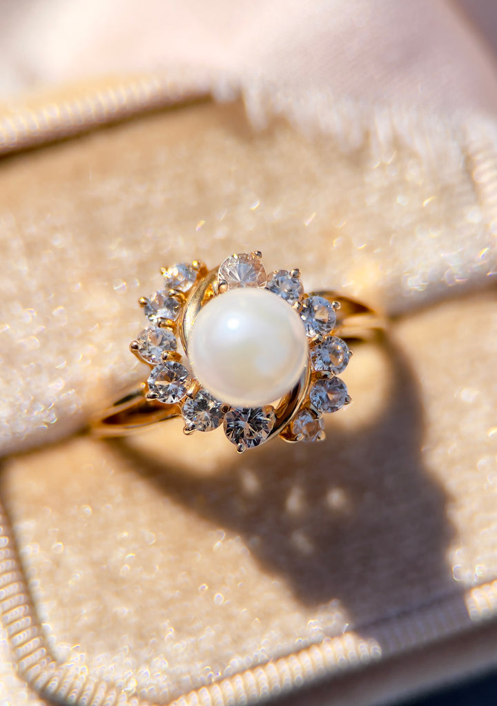 Vintage 1980’s Pearl and White Sapphire Ring in 14k Yellow Gold