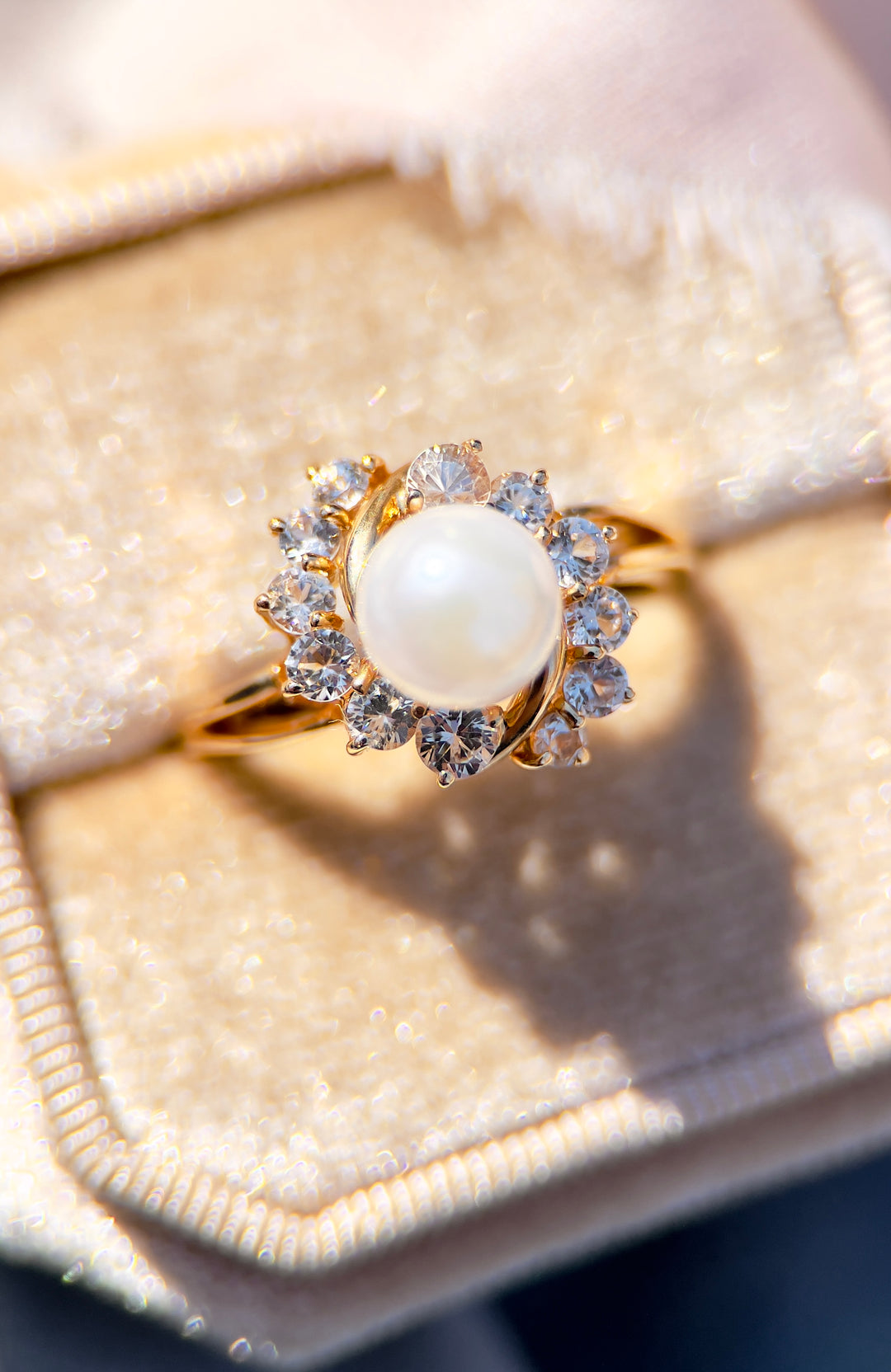 Vintage 1980’s Pearl and White Sapphire Ring in 14k Yellow Gold