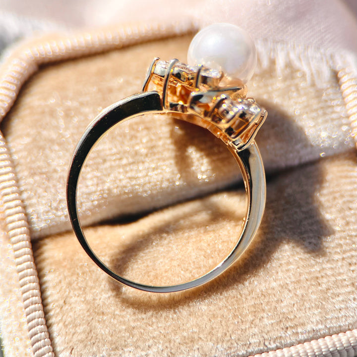 Vintage 1980’s Pearl and White Sapphire Ring in 14k Yellow Gold