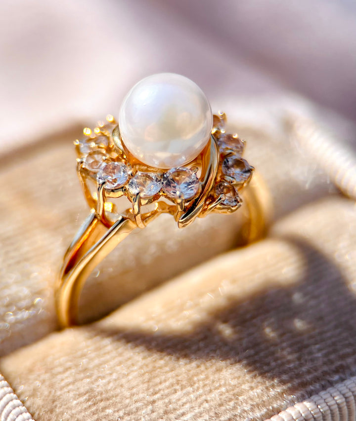 Vintage 1980’s Pearl and White Sapphire Ring in 14k Yellow Gold