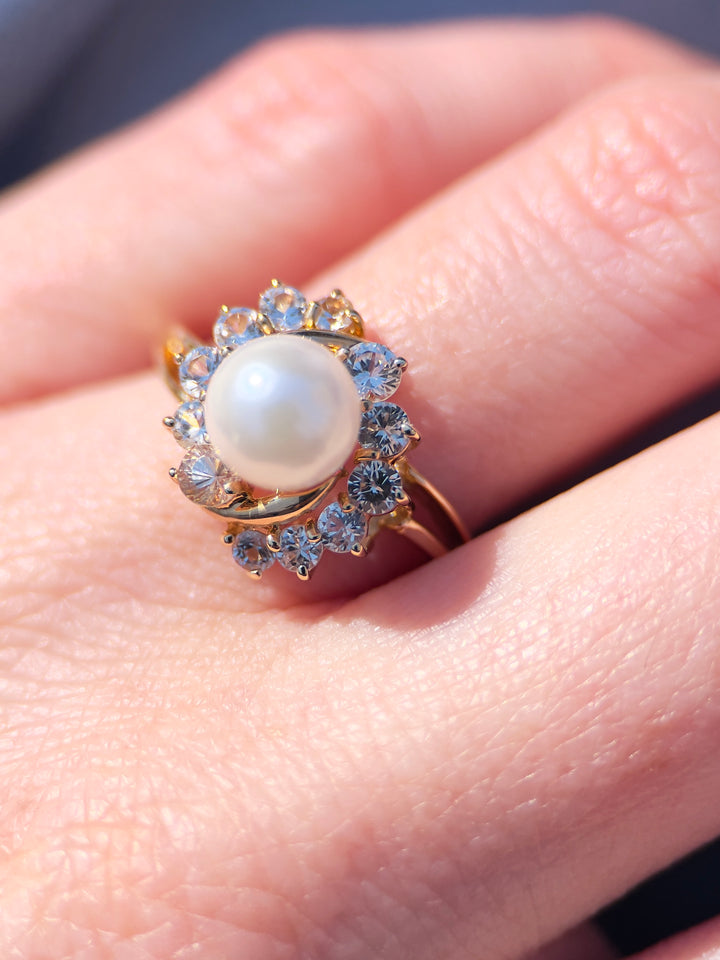 Vintage 1980’s Pearl and White Sapphire Ring in 14k Yellow Gold