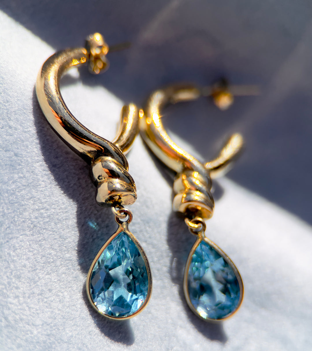 Vintage Over 6 Carat Blue Topaz Drop Earrings in 14k Yellow Gold