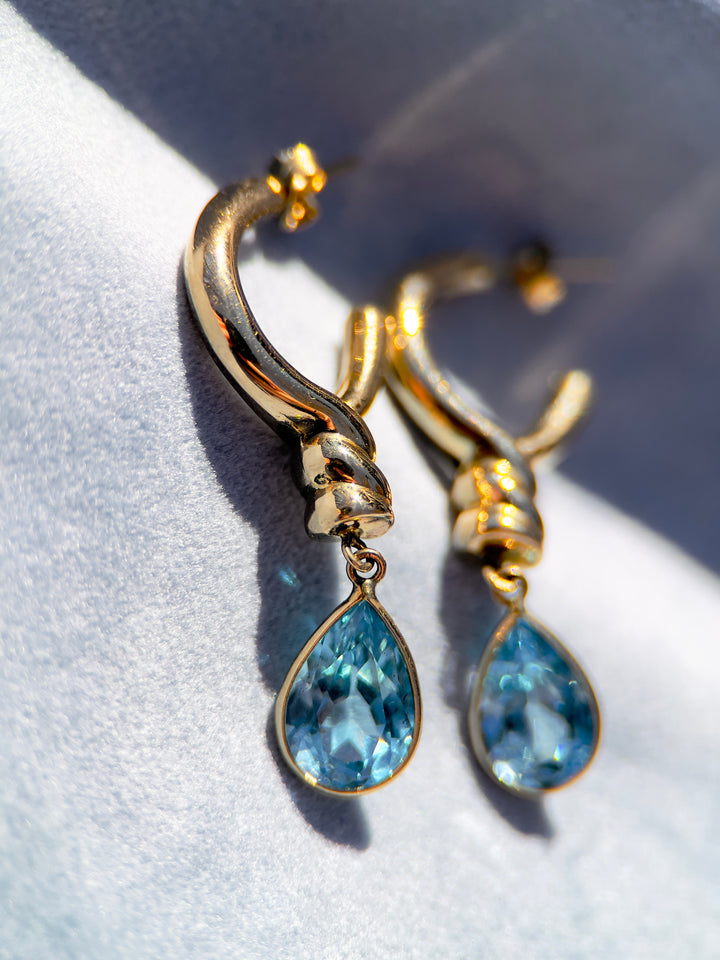 Vintage Over 6 Carat Blue Topaz Drop Earrings in 14k Yellow Gold