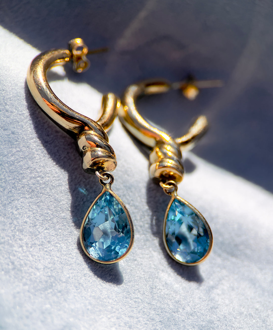 Vintage Over 6 Carat Blue Topaz Drop Earrings in 14k Yellow Gold