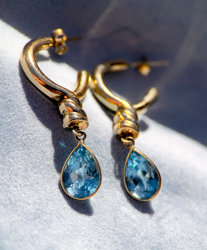 Vintage Over 6 Carat Blue Topaz Drop Earrings in 14k Yellow Gold
