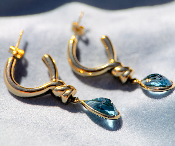 Vintage Over 6 Carat Blue Topaz Drop Earrings in 14k Yellow Gold
