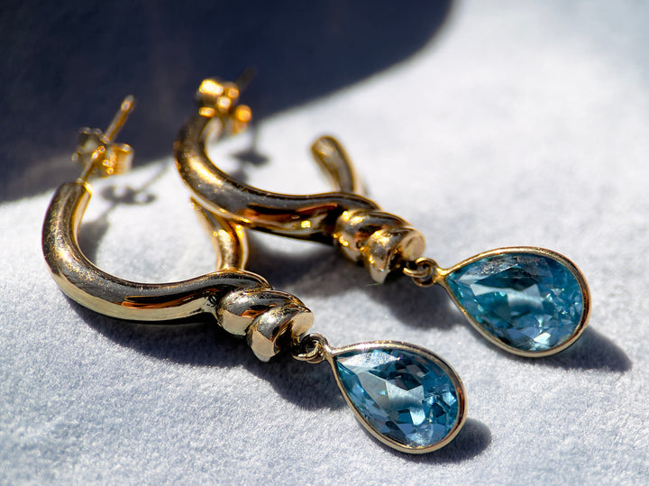 Vintage Over 6 Carat Blue Topaz Drop Earrings in 14k Yellow Gold