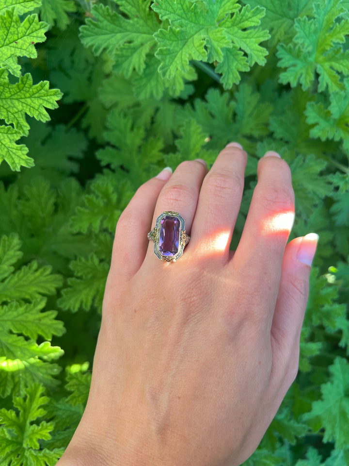 Vintage Floral Lavender Glass Ring in 14k Gold