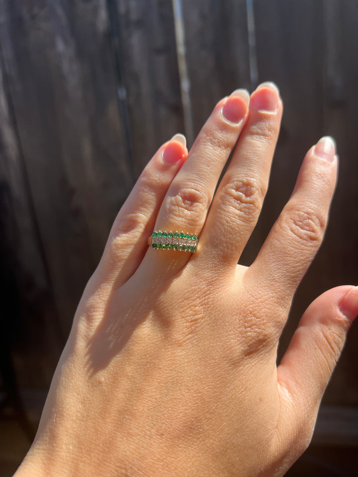 Vintage Starlight And Moss Emerald and Diamond Ring in 14k Yellow Gold