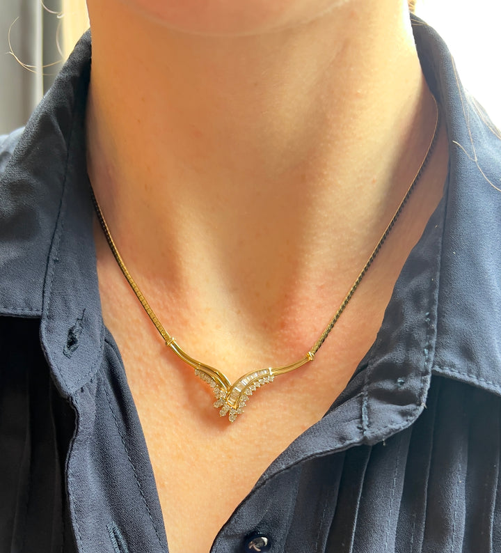 “The Golden Cascade” Vintage 1980’s Diamond Necklace in 14k Yellow Gold