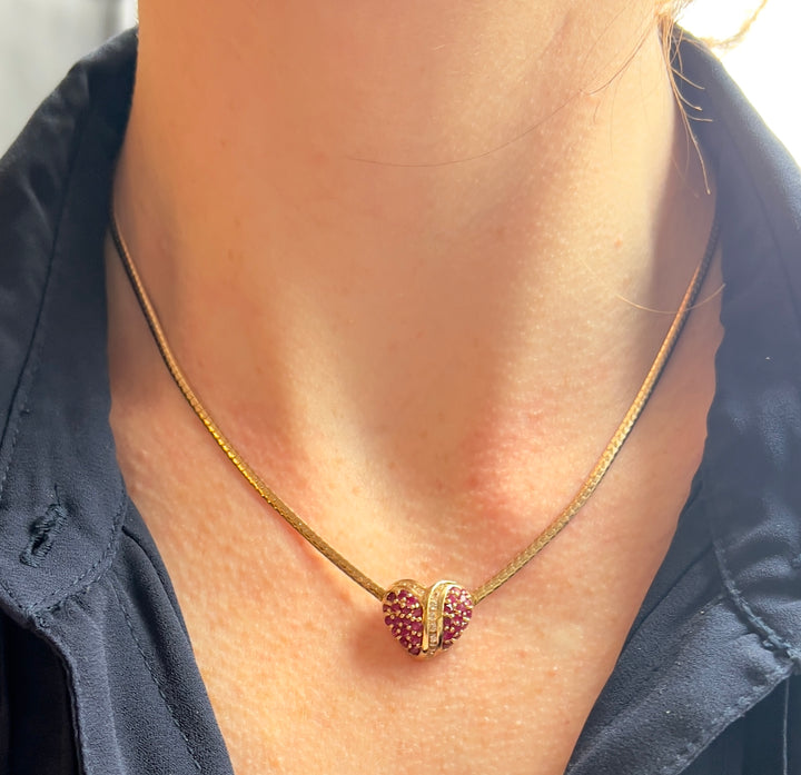 Vintage 1990’s Ruby and White Sapphire  Heart Necklace in 10k Yellow Gold