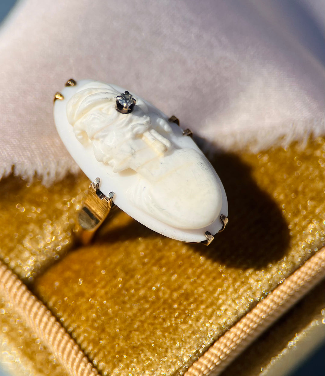 Late Art Deco Cameo with Mine Cut Diamond and Claw Prongs