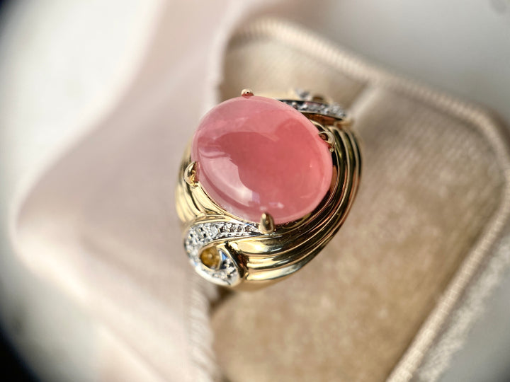 80’s Rhodochrosite and Diamond Ring in 14k Yellow Gold