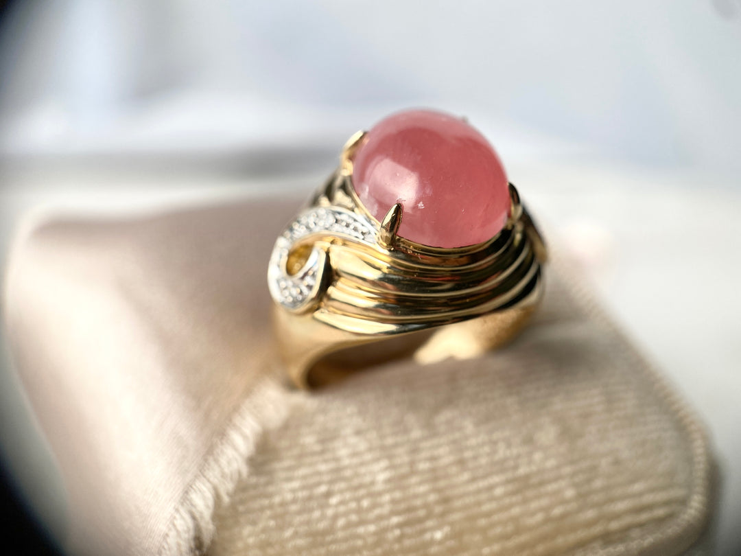 80’s Rhodochrosite and Diamond Ring in 14k Yellow Gold