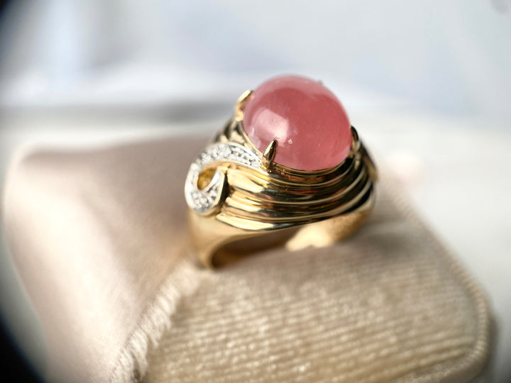 80’s Rhodochrosite and Diamond Ring in 14k Yellow Gold