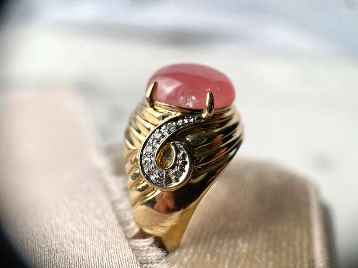 80’s Rhodochrosite and Diamond Ring in 14k Yellow Gold