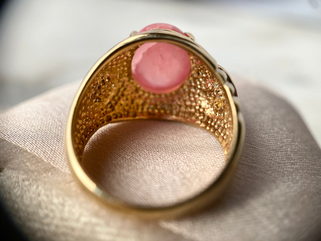 80’s Rhodochrosite and Diamond Ring in 14k Yellow Gold