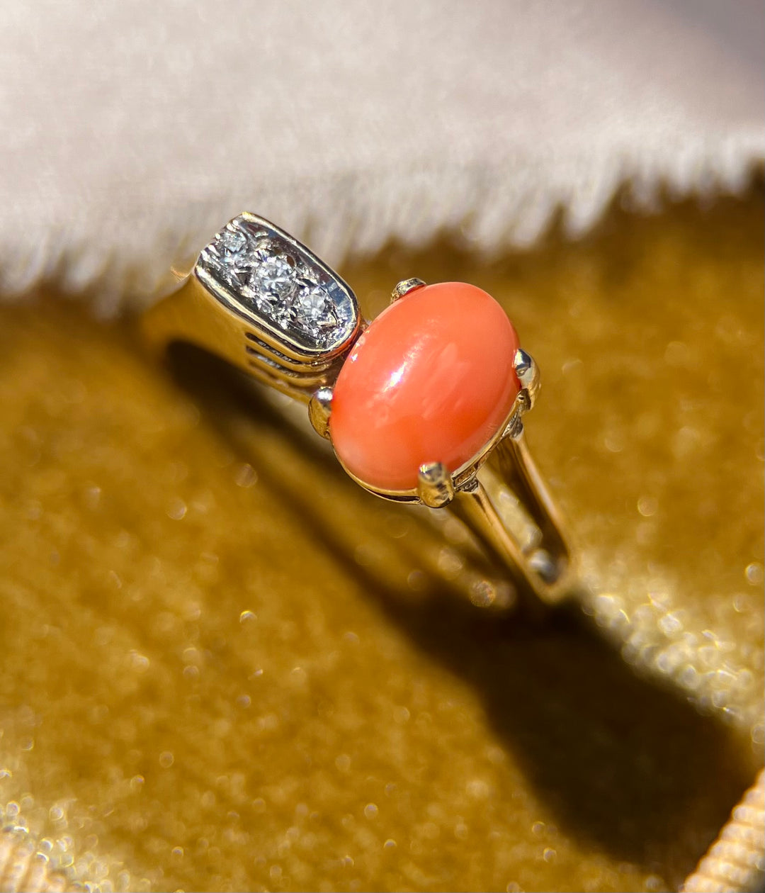 Vintage Coral and Diamond Ring in 14k Yellow Gold