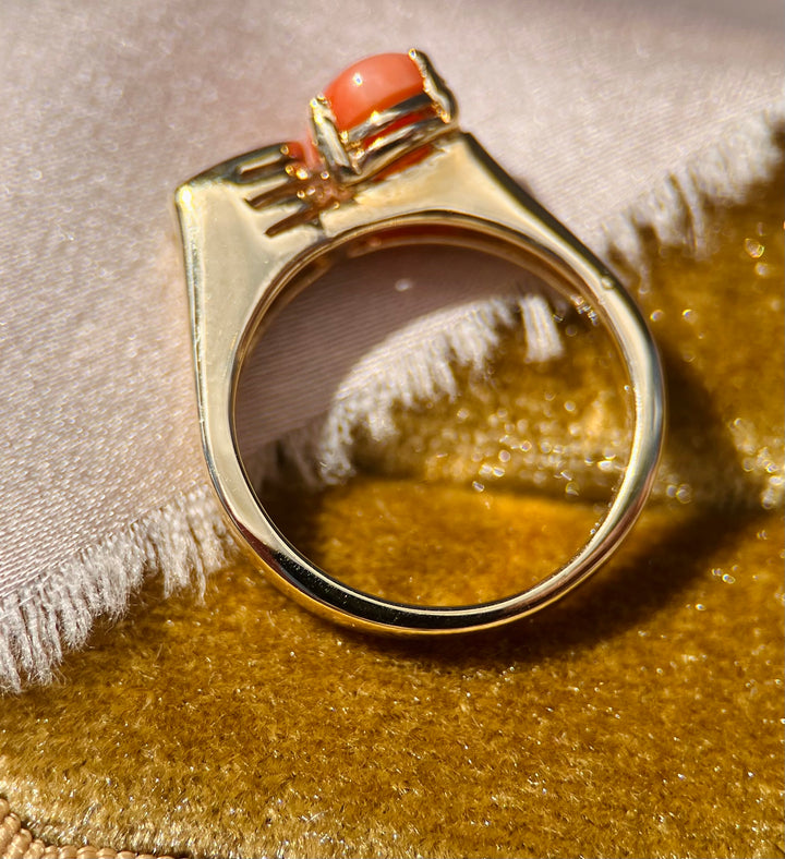 Vintage Coral and Diamond Ring in 14k Yellow Gold