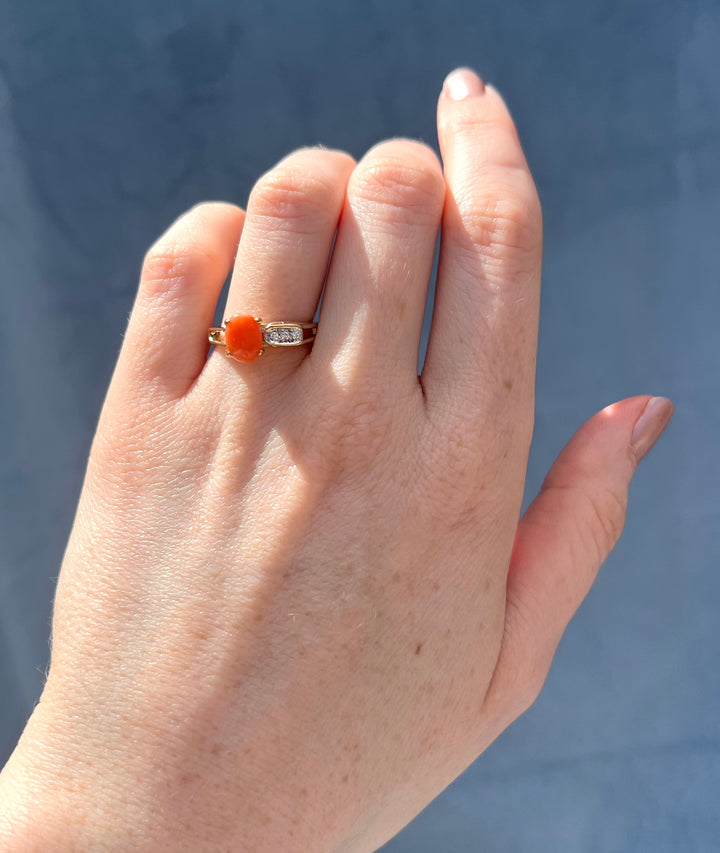 Vintage Coral and Diamond Ring in 14k Yellow Gold