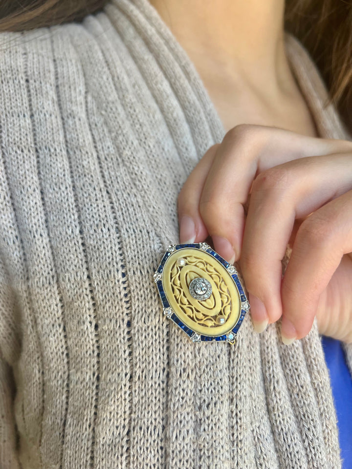 Elegant Art Deco Sapphire, Bone, Pearl, Old Cut Diamonds and Old European Diamond Brooch in 18k Yellow Gold